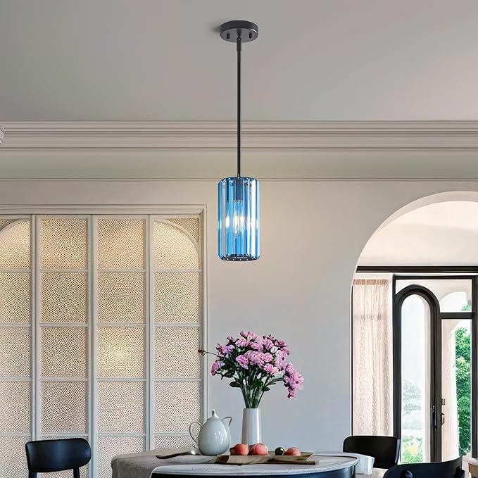 Modern Crystal Pendant Light Mini Light Blue Chandeliers Adjustable Pendant Lights Fixture for Kitchen Island Dinning Room Corridor Bedroom(Light Blue 1-Pack)