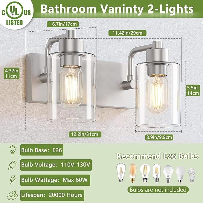 Dpyrrhic Brushed Nickel Bathroom Light Fixtures, Wall Mounted 2-Light Bathroom Lights Over Mirror with Clear Glass Shade,Wall Sconces for Kitchen Living Room Bedroom