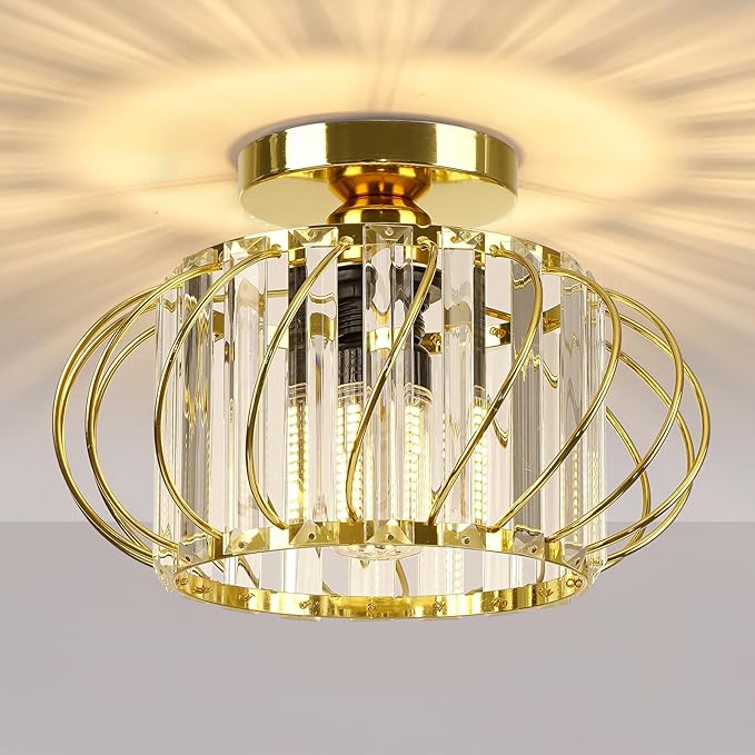 Gold Crystal Ceiling Light Fixture - Small Crystal Chandelier Semi Flush Mount Ceiling Light Modern Hallway Lights fixtures for Entryway Bedroom Porch Kitchen (11 Inch, Bulb not Included)