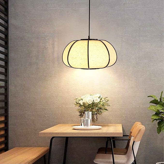 15" Bamboo Pumpkin Pendant Light, Adjustable 71" Hanging Lamp with Boho Japandi Fabric Shade, Ceiling Light for Dining Room, Kitchen, Bedroom, E26 Base (Black Color)