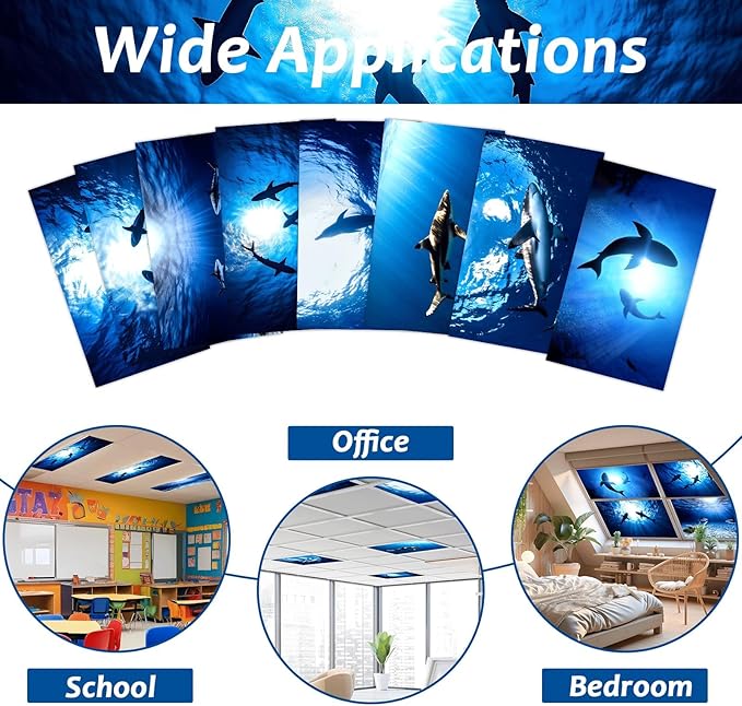 8 Pcs Fluorescent Light Covers with 80 Magnets Decorative for Classroom Ceiling Light 4 x 2 Feet Magnetic Light Covers Filter Easy Install for Office Hospitals & Home Drop Ceiling Supplies (Shark)