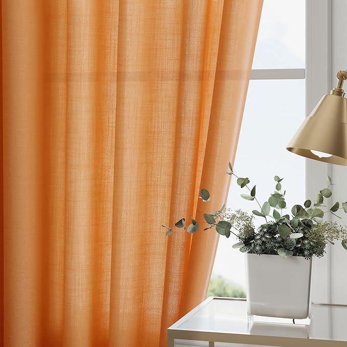 Orange Linen Semi Sheer Curtains 108 Inches Long 2 Panels Set Back Tab Loop Pocket Linen Blend Boho Large Window Curtain Extra Long Light Filtering Drapes High Ceiling Curtains for Living Room 52x108