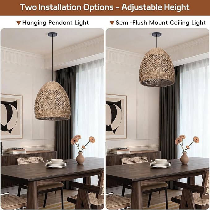 13.7" Boho Rattan Chandelier Light Fixture, 1-Light Hand Woven Coastal Ceiling Pendant Lights Kitchen Island Farmhouse Hanging Lamp for Dining Room, Bedroom, Living Room, Entryway, Foyer