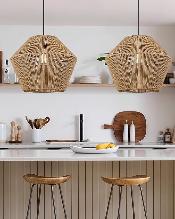 ELYONA Woven Pendant Light, 17” Modern Boho Chandelier Handwoven Rattan Basket Shade, Rustic Pendant Light Fixtures Farmhouse Ceiling Hanging Lamp for Dining Room, Kitchen Bedroom, Entryway, Foyer