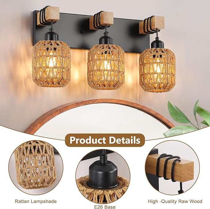 LmnLvn Farmhouse Bathroom Light Fixture, Boho Vanity Light, 3-Light Rattan Bathroom Light Fixture Over Mirror Rustic Vanity Lighting with Handwoven Shades, Suit for Restroom, Bedroom, Hallway