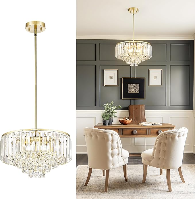 15'' Gold Chandelier, 5-Tier Crystal Chandelier, Modern Pendant Light for Dining Room Kitchen Island Bedroom Entryway, CC4215-5W-PG