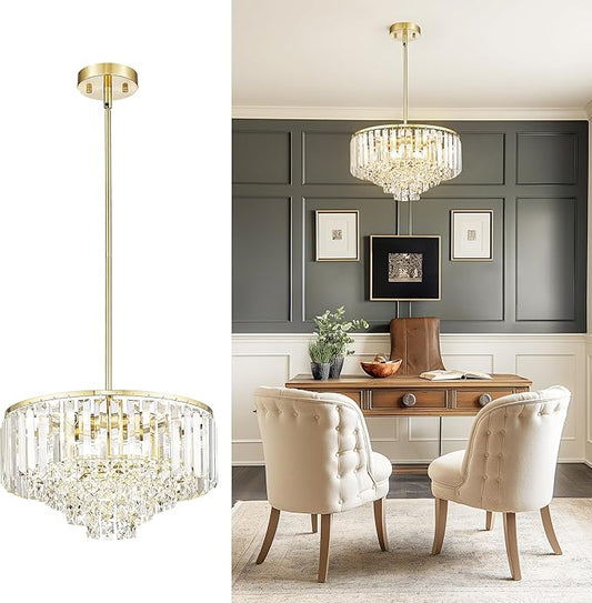 15'' Gold Chandelier, 5-Tier Crystal Chandelier, Modern Pendant Light for Dining Room Kitchen Island Bedroom Entryway, CC4215-5W-PG