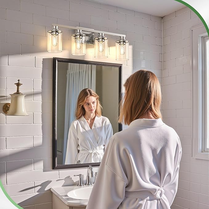 DORESshop 4-Light Vanity Light Fixtures, Nickel Bathroom Light Fixtures Over Mirror with Clear Glass Shade, Modern Vanity Lights for Living Room Bedroom