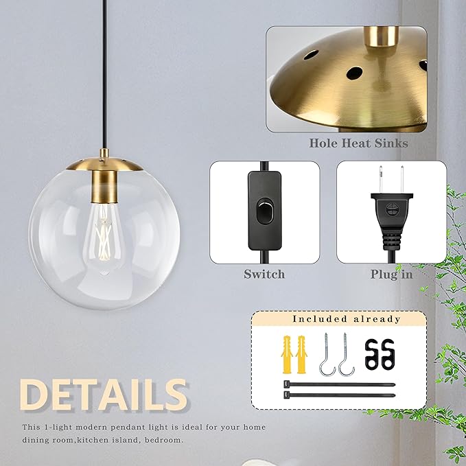 KoKo&Yukina 10" Globe Pendant Light Gold Plug in Pendant Light Adjustable Hanging Lights with Plug in Cord Brushed Gold Finished with Clear Glass Lampshade for Bedroom Kitchen Island（Bulb Included）