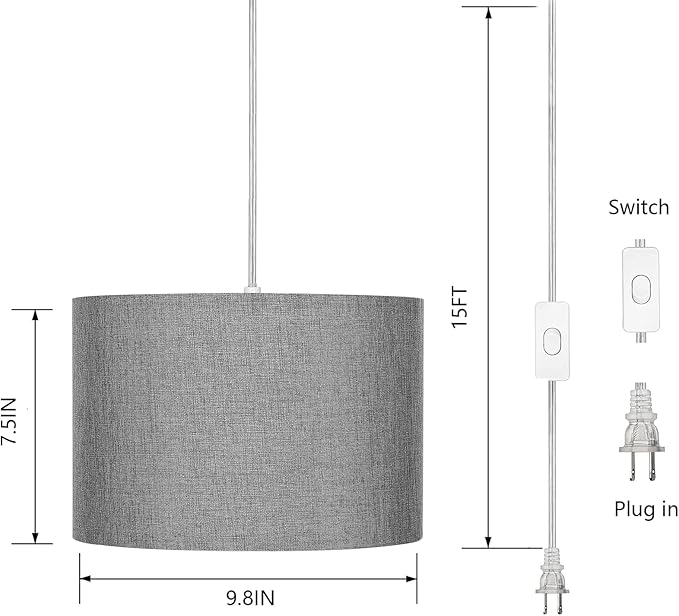 ZSLAIFU 15FT Plug in Pendant Light, Hanging Lamp with Switch,Gray Hanging Lights with Plug in Cord, Pendant Lamp with Remote Control，Pendant Light Fixture for Living Room Bedroom Farmhouse