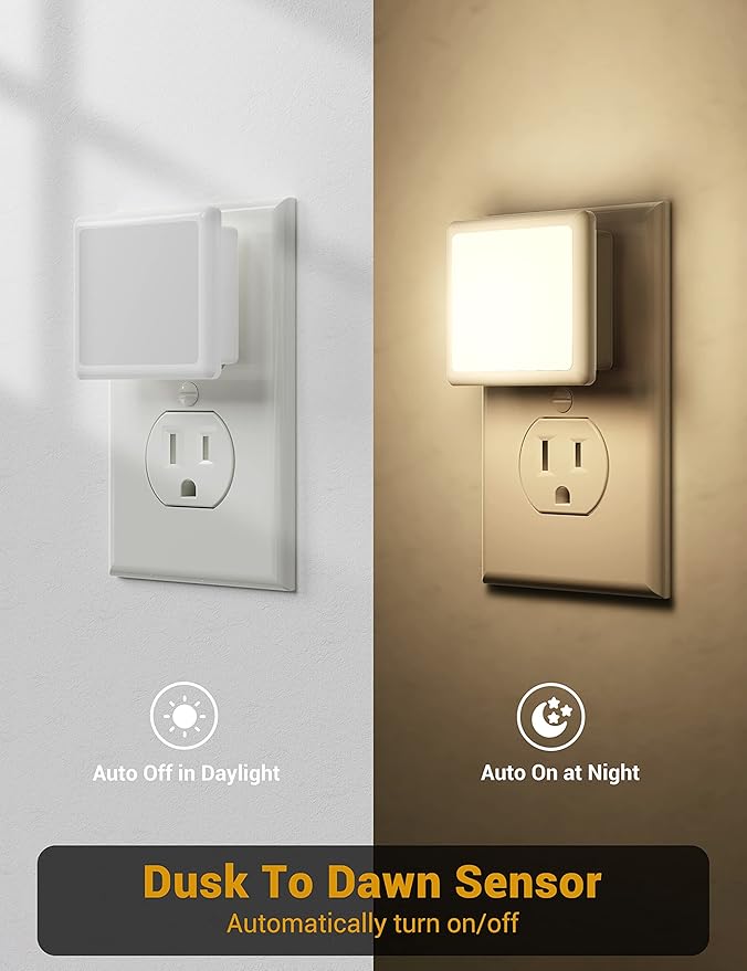 JandCase Night Light, 4 Pack Night Lights Plug into Wall with Auto Light Sensor, 3000K Warm White Nightlight Plug in, LED Night Lights for Kids Adults Bathroom Hallway Kitchen