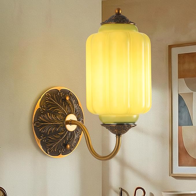 LOUSACE Antique Gold Wall Sconce with Green Milk Glass Shade, Vintage Brass Wall Light Fixture, Mid Century Restro Bathroom Vanity Light, Indoor Lighting for Bedroom Living Room Hallway