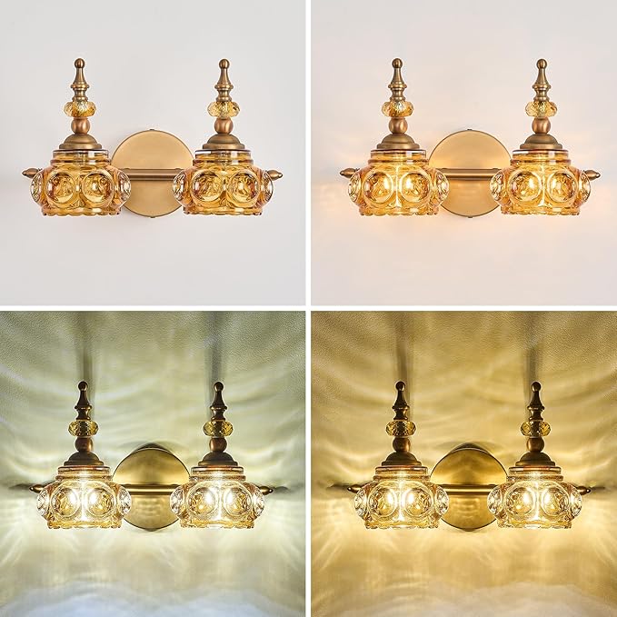 Vintage 2-Light Bathroom Lighting Amber Rose Vanity Light Fixtures Wall Sconce with Crystal Glass Shade Rust-Proof and Durable for Bedroom Living Room Hallway