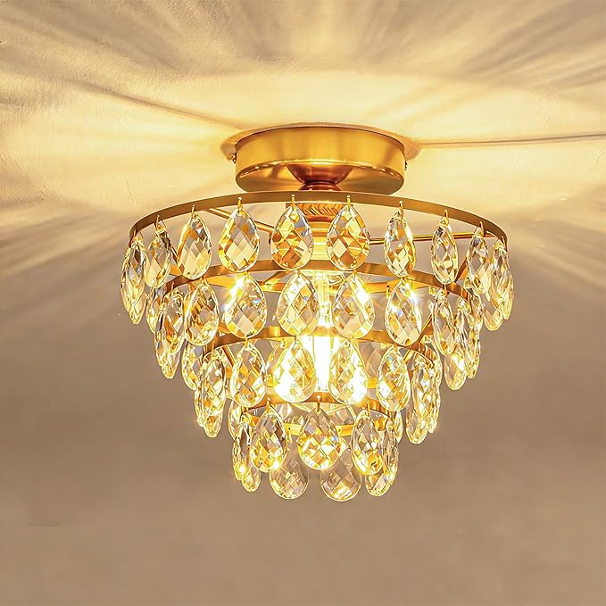 Mayful Modern Crystal Ceiling Light Fixture Gold Semi Flush Mount Ceilig Chandelier Mini Ceiling Light for Hallway Bedroom Bathroom Living Room E26