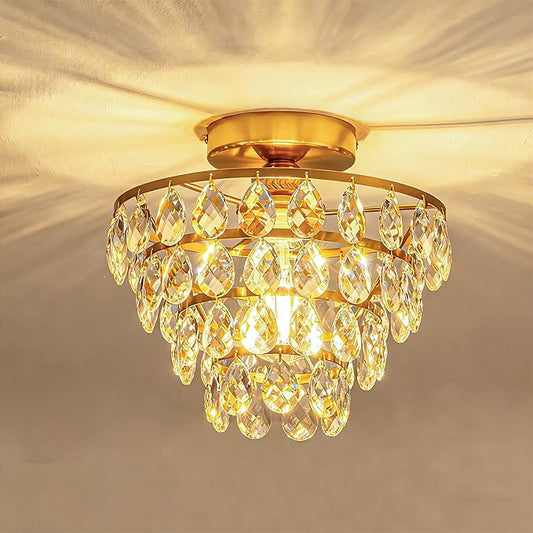Mayful Modern Crystal Ceiling Light Fixture Gold Semi Flush Mount Ceilig Chandelier Mini Ceiling Light for Hallway Bedroom Bathroom Living Room E26