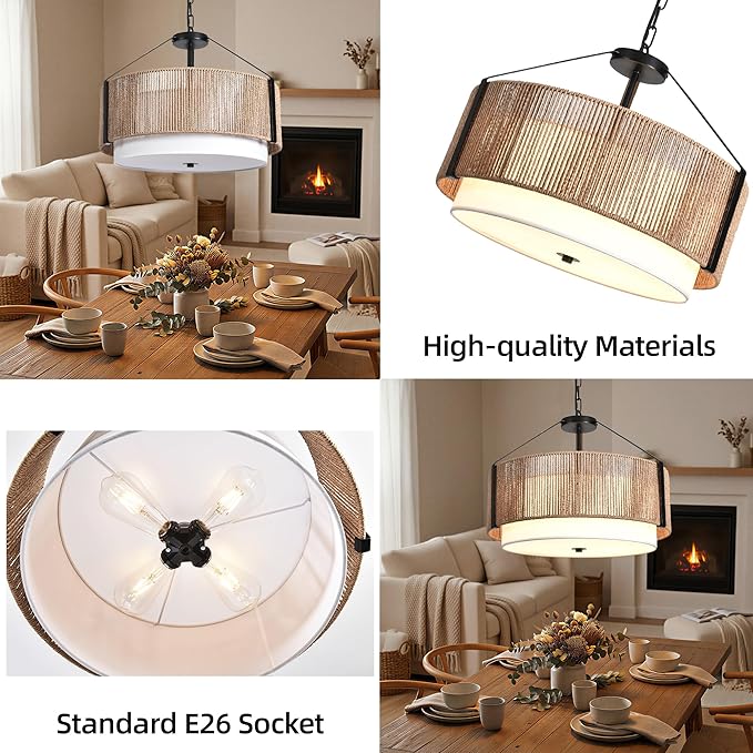 19.7" 4-Light Boho Pendant Light Fixture Rattan Chandelier, Hand Woven Farmhouse Chandelier for Dining Room Pendant Light for Kitchen Island, Bedroom, Dining & Living Room