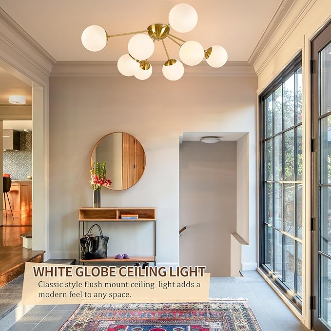 8 Light Mid Century Modern Ceiling Light Semi Flush Mount Ceiling Light Fixture Globe Lights Sputnik Chandelier with Milk Glass Shade Brushed Brass Finish for Bedroom Hallway Living Room