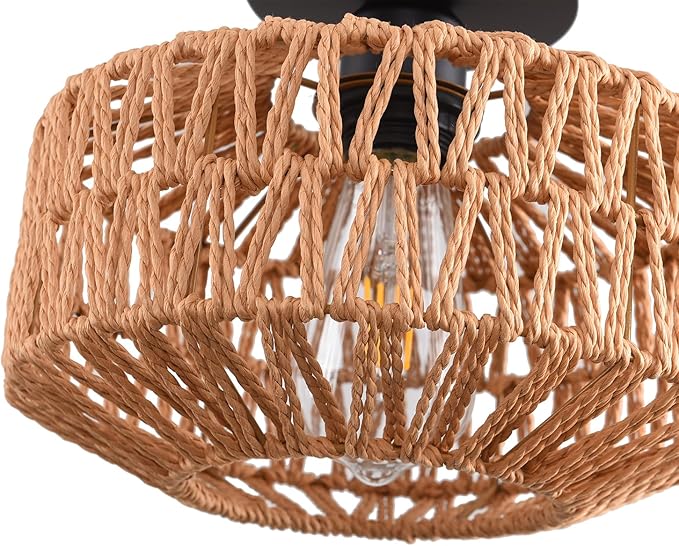 Ceiling Light Fixture,Hand-Woven Rattan Flush Mount Ceiling Light,Farmhouse Light Fixtures Ceiling Mount Boho for Hallway Bedroom Kitchen Entryway Living Room