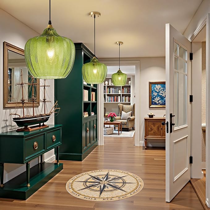 Modern Gold Pendant Light, Green Glass Farmhouse Kitchen Island Pendant Light Fixture Adjustable Vintage Hanging Ceiling Light for Dining Room Corridor 9.45 inch 1 Pack, UL Certification