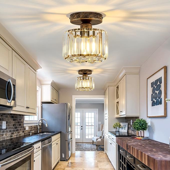 Piepooye 2 Pack Small Crystal Semi Flush Mount Ceiling Light Fixture Modern Bronze Mini Round Chandelier Metal E26 Ceiling Lamp for Hallway Bathroom Entryway Kitchen Closet