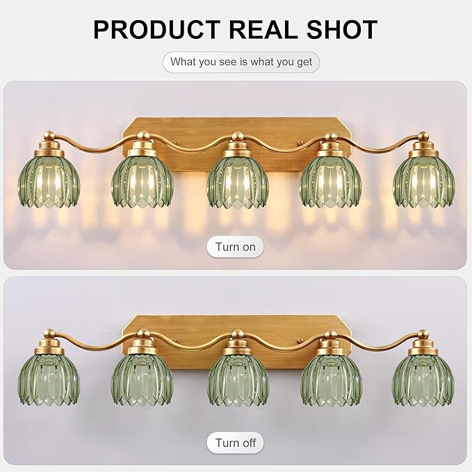 Vintage Bathroom Light Fixtures, Bathroom Lighting Fixtures Over Mirror, Gold Matte Antique Brass Finish with Green Crystal Glass Shade, Wall Sconces Lighting for Bedroom, Living Room (Green, 5-Light)