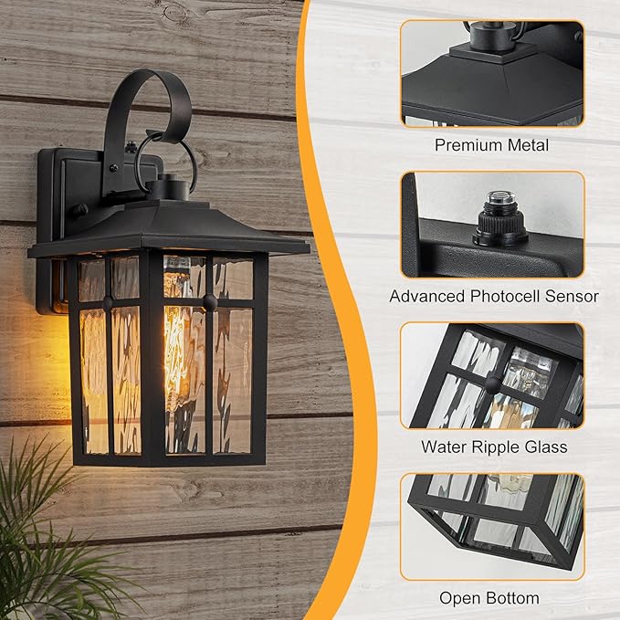 2 Pack Dusk to Dawn Outdoor Wall Lights, Aluminum Exterior Light Fixtures Wall Mount with Ripple Glass, Waterproof Black Porch Lights, Outside Wall Lantern for Entryway, Garage, Patio