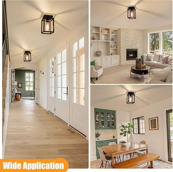 Baocuz Semi Flush Mount Ceiling Light Fixture, Black Metal Frame Porch Ceiling Light Fixture with Clear Glass Shade and E26 Ceramic Base, Farmhouse Light Fixtures for Kitchen Entryway Foyer