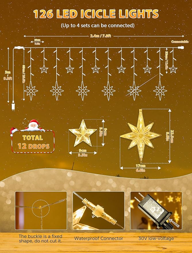 126 LED Star Icicle Lights,7.8ft Connectable Window Curtain Lights Plug in,8 Lighting Modes Timer Bethlehem Star Christmas Light for Indoor Outdoor,Bedroom,Wedding,Ramadan Decor,Warm White