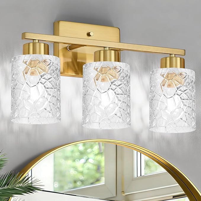 Brushed Gold Bathroom Light Fixtures, 3-Light Modern Bathroom Vanity Wall Light, Vanity Lights for Mirror, Wall Sconces with Clear Textured Glass (E26 Socket, Bulbs Not Included)