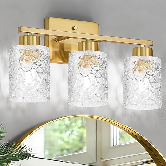 Brushed Gold Bathroom Light Fixtures, 3-Light Modern Bathroom Vanity Wall Light, Vanity Lights for Mirror, Wall Sconces with Clear Textured Glass (E26 Socket, Bulbs Not Included)