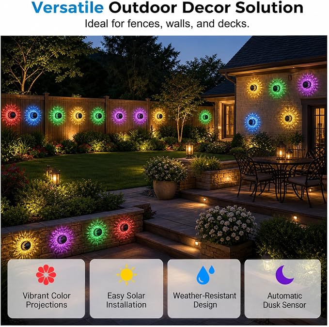 2026 New Seven-Color Changing Solar Mandala Projection Wall Light IP65 Water Proof Decorative Mandala Lights Outdoor Metal Fence Lights for Yard Garden Post Patio Backyard Decor (2pcs)