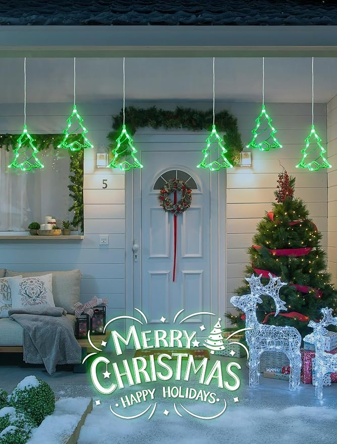 Christmas Window Lights,3 Pack 30LED Green Christmas Tree Light Battery Powered,Timer Memory Hanging Silhouette Xmas Twinkle Light 8 Mode for Wall,Bedroom,Indoor Outdoor Christmas Decoration