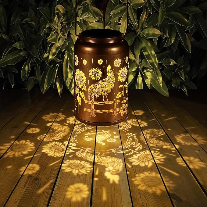 Solar Lanterns Outdoor Waterproof Hummingbird Garden Decor Gifts for Women Mom Grandma Hanging Lights Metal Decoration Outside for Yard, Patio,Backyard,Porch(Rooster)