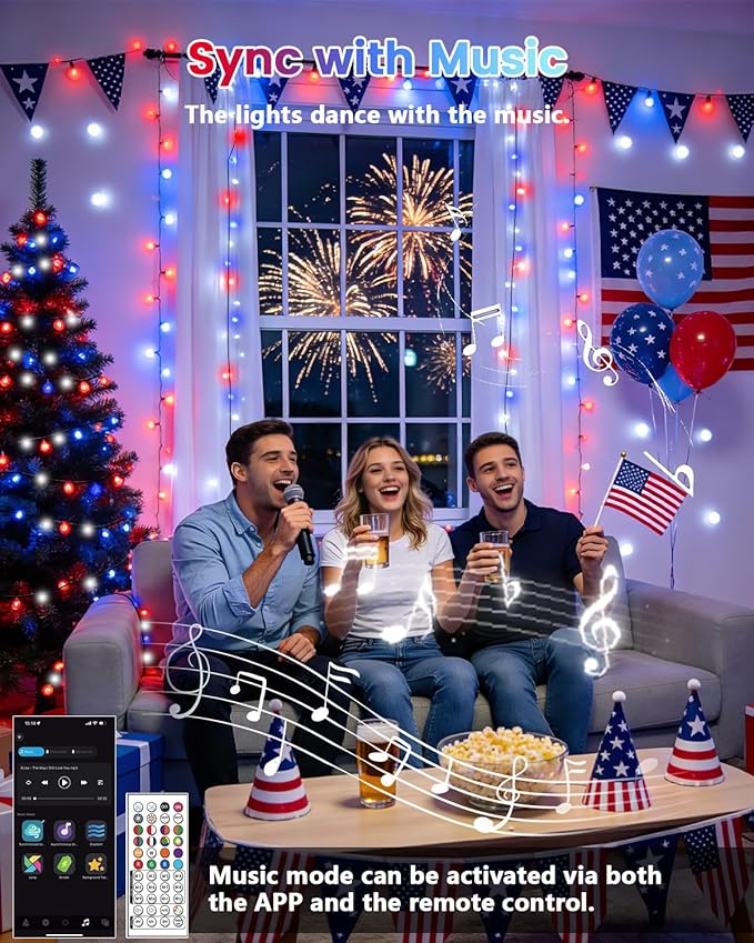 2Pack 400LED Smart 4th of July String Lights | 164FT App Controlled Red White and Blue Lights, Waterproof Patriotic RGB Color Changing String Lights with Remote & Timer Indoor Outdoor for Memory Day