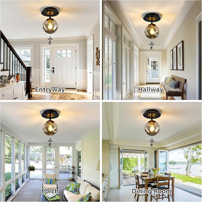 SZXYKEJI Motion Sensor Light Indoor 1-Light Mini Glass Globe Ceiling Light Fixture Modern Black Semi Flush Mount Light for Hallway Entryway Porch Stairway Closet