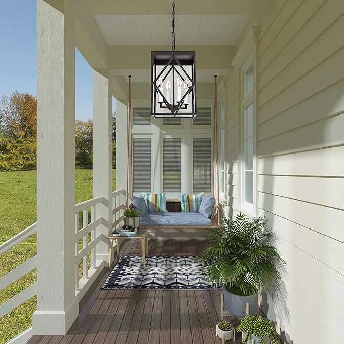 Exterior Hanging Lantern Porch Pendant Lights with Clear Glass Oil Rubbed Brozne Outdoor Pendant Light Adjustable Outside Chandelier Ceiling Mount or Front Porch Entrance Patio Foyer, 4 Light