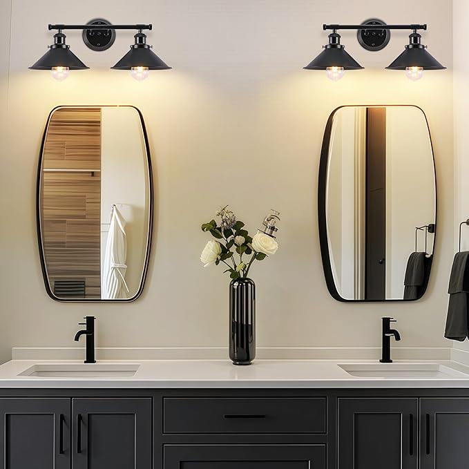 Bathroom Light Fixtures 2-Light Matte Black Farmhouse Vanity Lights for Bathroom Light Fixture, 20" Rustic Industrial Vanity Light Wall Sconce Lighting Fixtures over Mirror Cabin Kitchen Workshop Cafe