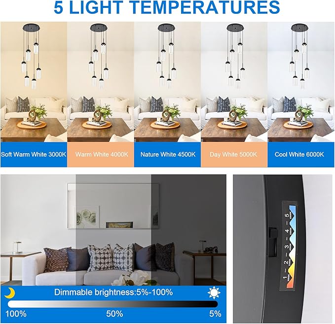 MELUCEE Modern LED Pendant Light Fixtures 6-Light Pendant Lights Kitchen Island with 3000K-6000K Adjustable Color Temperature Black Ceiling Hanging Lamp for Dining Room Bedroom Kitchen Island