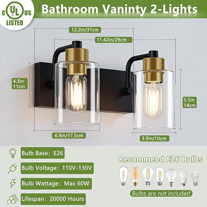 Dpyrrhic Bathroom Light Fixtures, Matte Black and Gold 2-Light Bathroom Lights Over Mirror with Clear Glass Shade,Wall Sconces for Bathroom