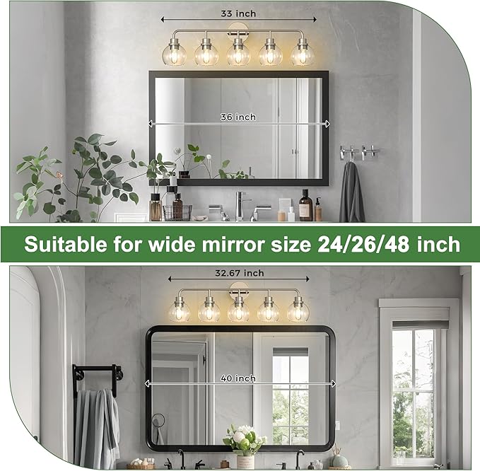 DORESshop 5-Light Bathroom Light Fixtures, 32.67-Inch Nickel Bathroom Vanity Light with Clear Glass Globe Shade, Modern Vanity Lights for Bathroom Living Room Hallway Bedroom, E26, ETL Listed