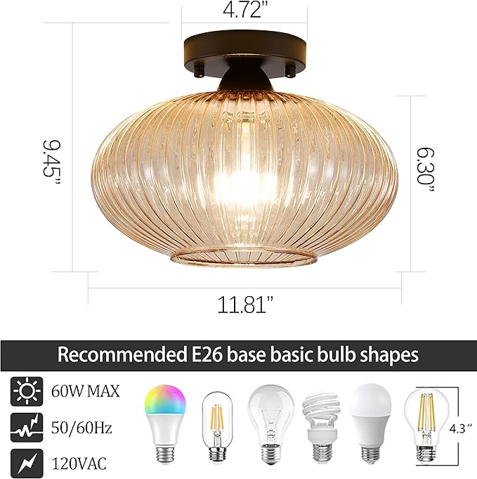 12 Inch Semi Flush Mount Ceiling Light, Amber Glass Ceiling Fixture with E26 Base, Vintage Mid Century Modern Art Deco Light for Hallway, Entryway, Kitchen, Dining Room, Foyer