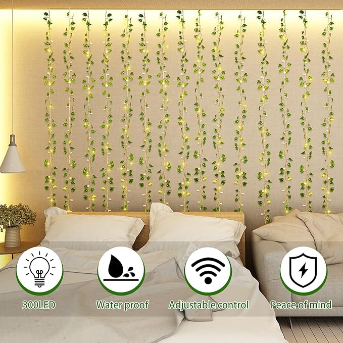 Unittype 15 Pcs 6.6 ft 300 LED Fake Ivy Vines with Lights for Bedroom String Fairy Light Curtain Artificial Hanging Vines Plant Garland with Light for Wall Outdoor Indoor Decor(Ivy Leaf)