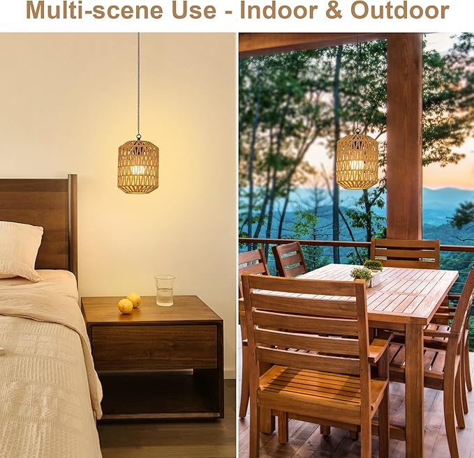HMVPL Battery Operated Chandelier, Rattan Battery Operated Pendant Light with Remote, Boho Outdoor Chandelier for Gazebo, Wicker Gazebo Light, Outdoor Hanging Lamp for Patio Pergola Indoor(2 Pack)