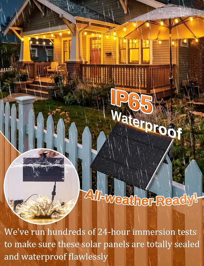 Brightever 100FT Solar String Lights Outdoor Waterproof with Remote, 36+2 Shatterproof ST38 LED Bulbs, Dimmable Patio Lights Solar Powered, 3 Lighting Modes Solar Lights for Backyard, Garden, Deck