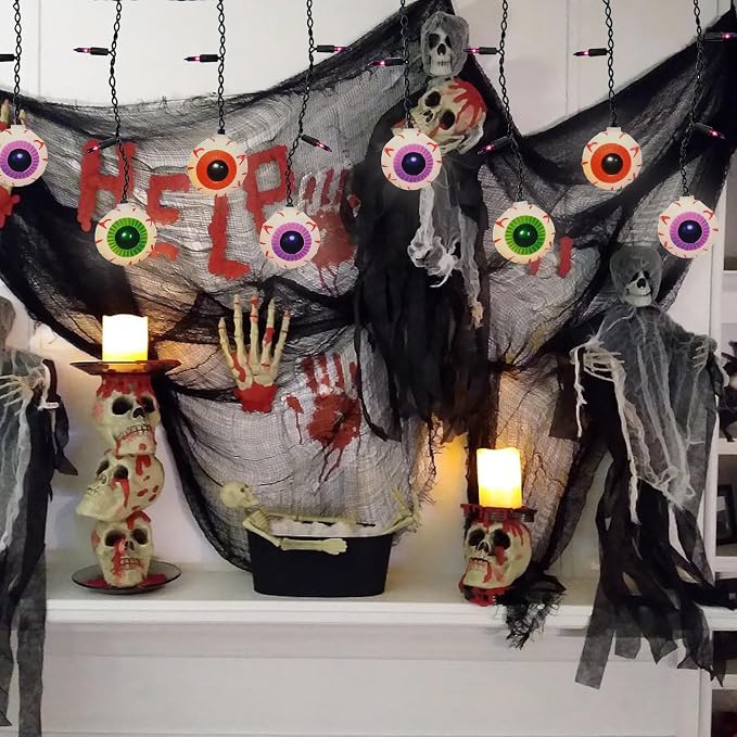 Halloween Eyeball Curtain String Lights Plug in, 7FT Outdoor Halloween Decorations Lights with 10 LED Spooky Eyeball Lights & 15 Mini Purple Bulbs for Window Wall Party Haunted House Patio Decor