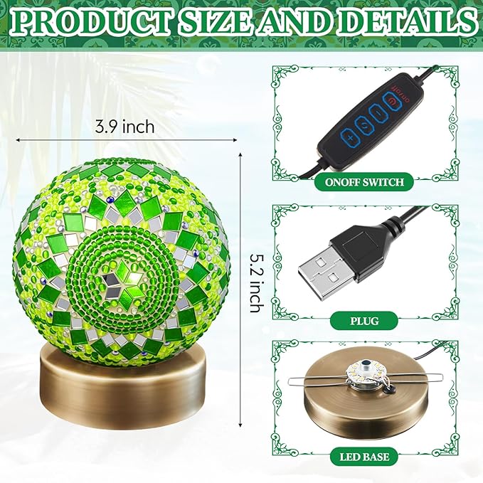 Baquler Turkish Mosaic Lamp Kit DIY Stained Glass Decorative Table Bedside Night Light Tabletop Bohemian Moroccan Lamp Craft Kit for Living Room Decorations(Green)