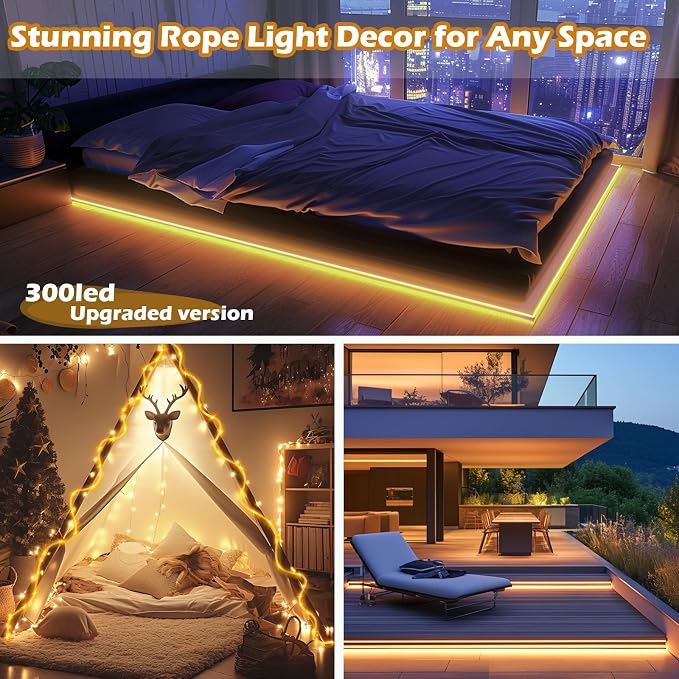 LairtPOW Thicker Tube Solar Rope Lights with Remote for Garden Decor,98FT 300LEDs Outdoor Solar String Lights for Yard,IP67 Waterproof USB Charging,Timing & 8 Modes Fairy Light for patios(Warm White)