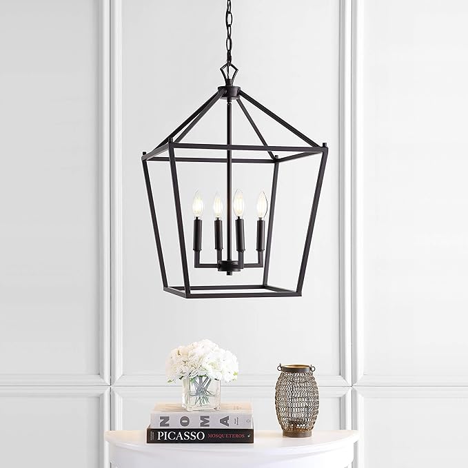 JONATHAN Y 16" Oil Rubbed Bronze Lantern Pendant Light, 4-Light Pagoda Style Metal Cage Farmhouse Hanging Ceiling Fixture for Kitchen Island, LED Bulb Included (JYL7437A)