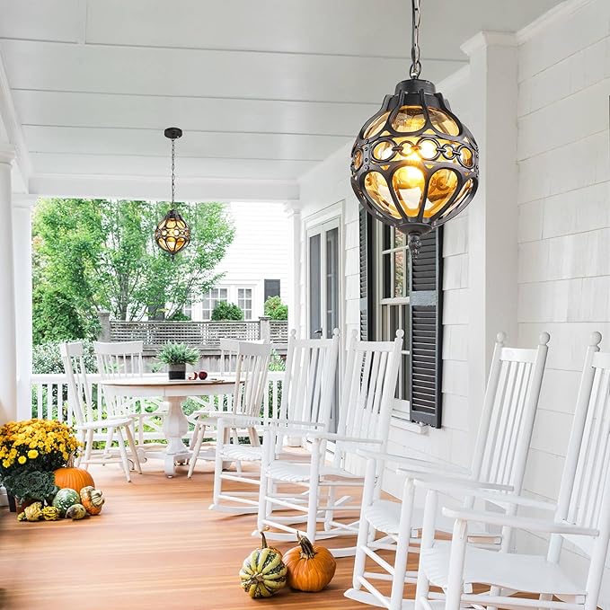 Dusk to Dawn Rust proof Outdoor Pendant Lights,Waterproof Aluminum Black Sphere Outdoor Chandelier for Porch,Gazebo,Vintage Exterior Hanging Pendant Light Fixtures with Adjustable Chain,with Sensor