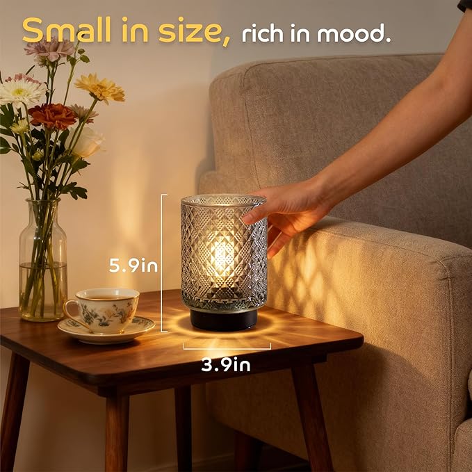 LUSHARBOR Battery Operated Lamp with Timer, Small Decorative Table Lamp Ambient, Glass Cordless Lamps Bedside Battery Powered Lamp for Bookshelf, Entryway Diamond Design-Grey